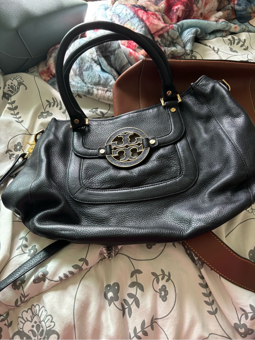 Tory Burch Black Pebbled Leather Tote with Gold Logo